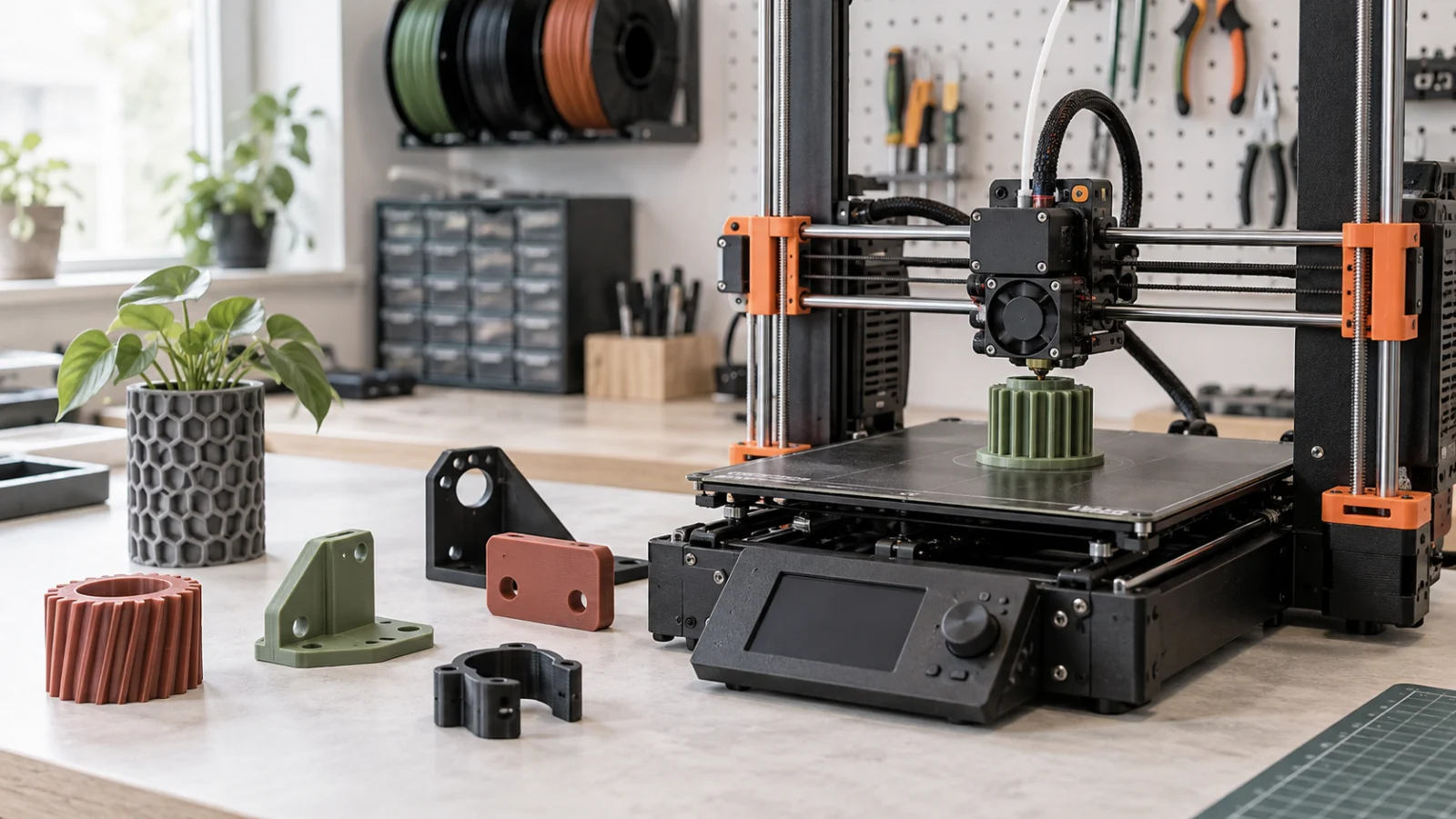 3D drukas darbagalds ar izdrukātām detaļām